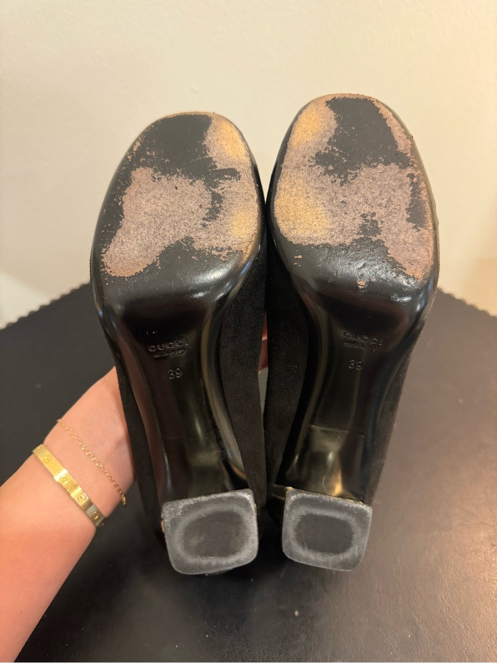 Gucci Vintage Black Suede Block Heels with Gold Button Detail - Picture 8 of 10